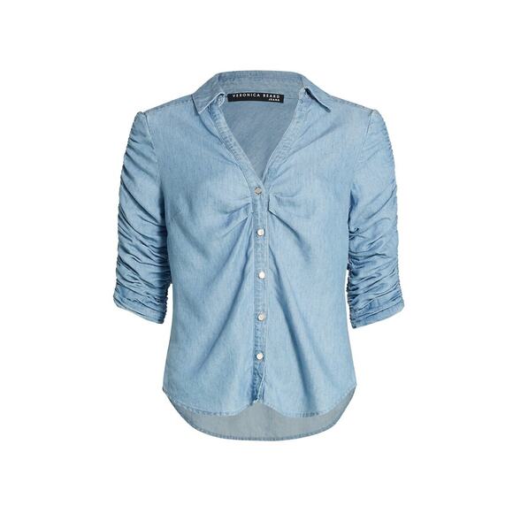 Veronica Beard 'Porta' Blue Lyocell Smocked Chambray Button-Front Shirt Size M - Picture 1 of 5